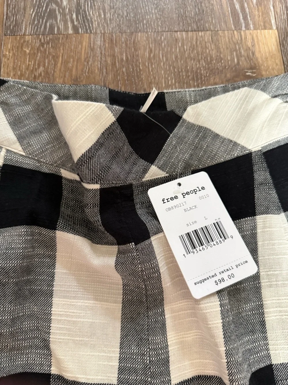 Free People Gingham Plaid Cropped Pants L NWT High Rise Pull-On Black White - Picture 2 of 7